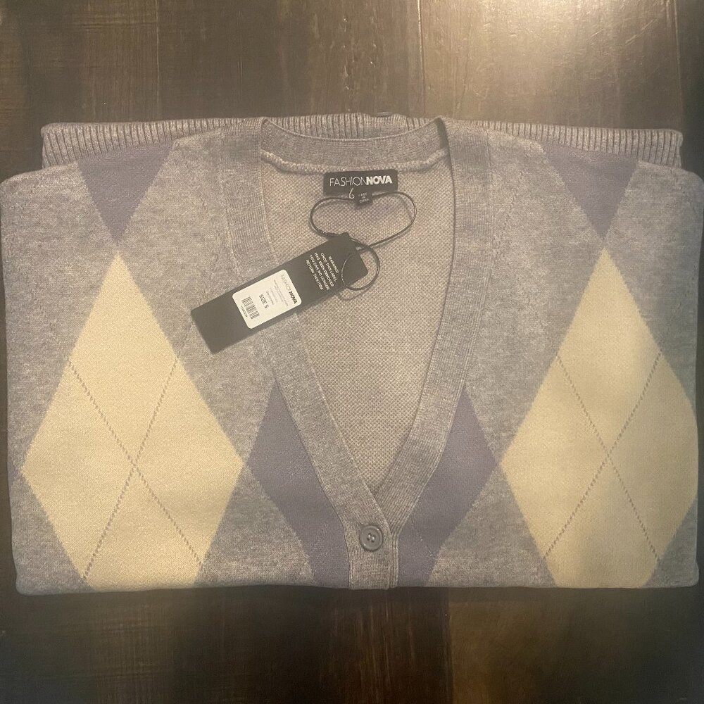Fashion Nova Oversized Argyle Cardigan Size S - New - Picture 4 of 5